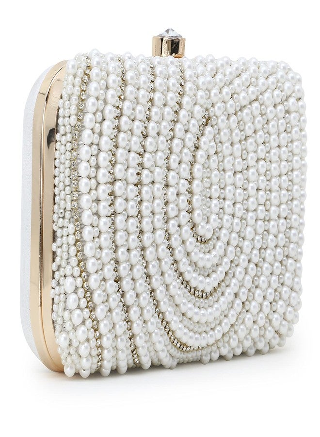 Anekaant Adorn White & Gold Pearl Embellished Faux Silk Clutch for Women | Bridal Bag | Party, Wedding & Festive Accessory - Image 2
